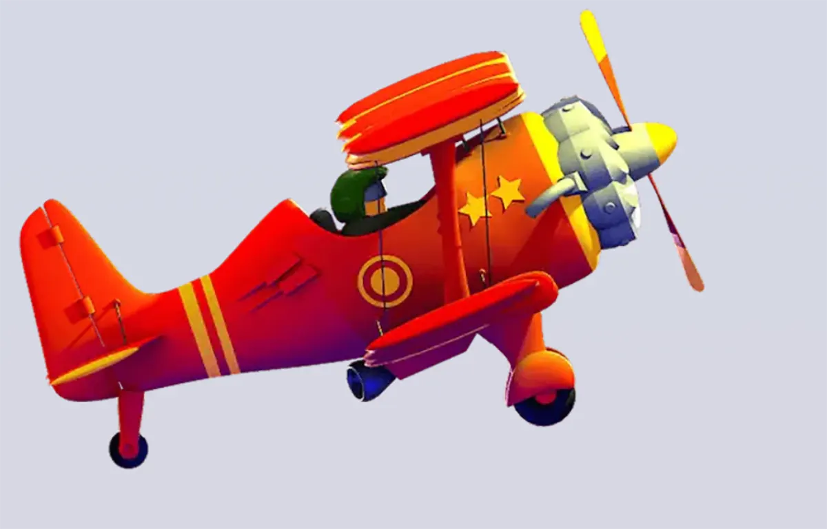 A colorful cartoon-style red airplane with a yellow and red striped design, stars on the body, and a propeller, with a pilot visible inside the cockpit.