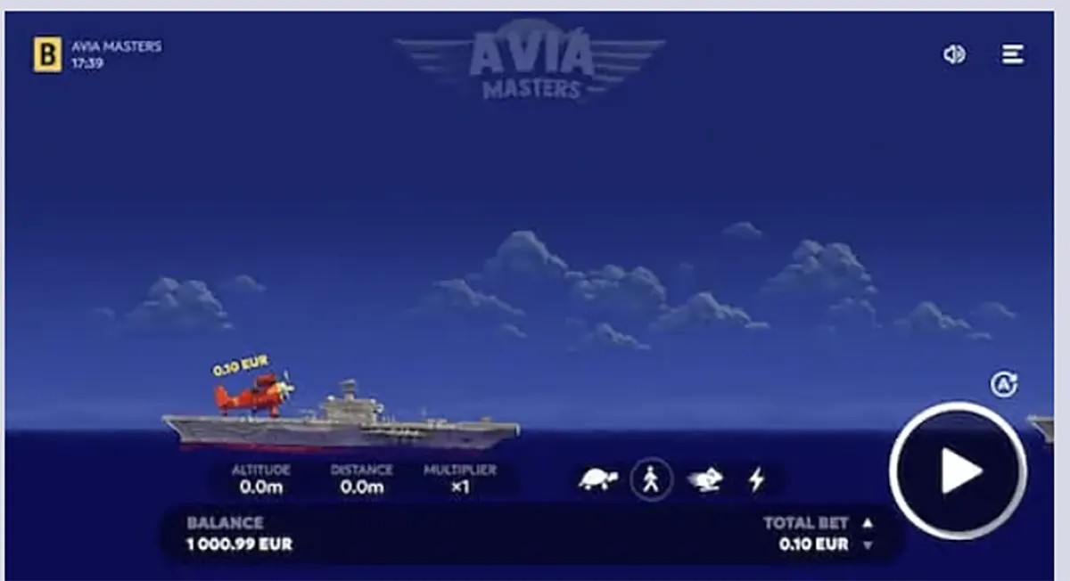 A screenshot of the game Avia Masters showing a red airplane flying above a naval ship, with a balance of €1000.99, total bet of €0.10, and various game features visible below the plane.