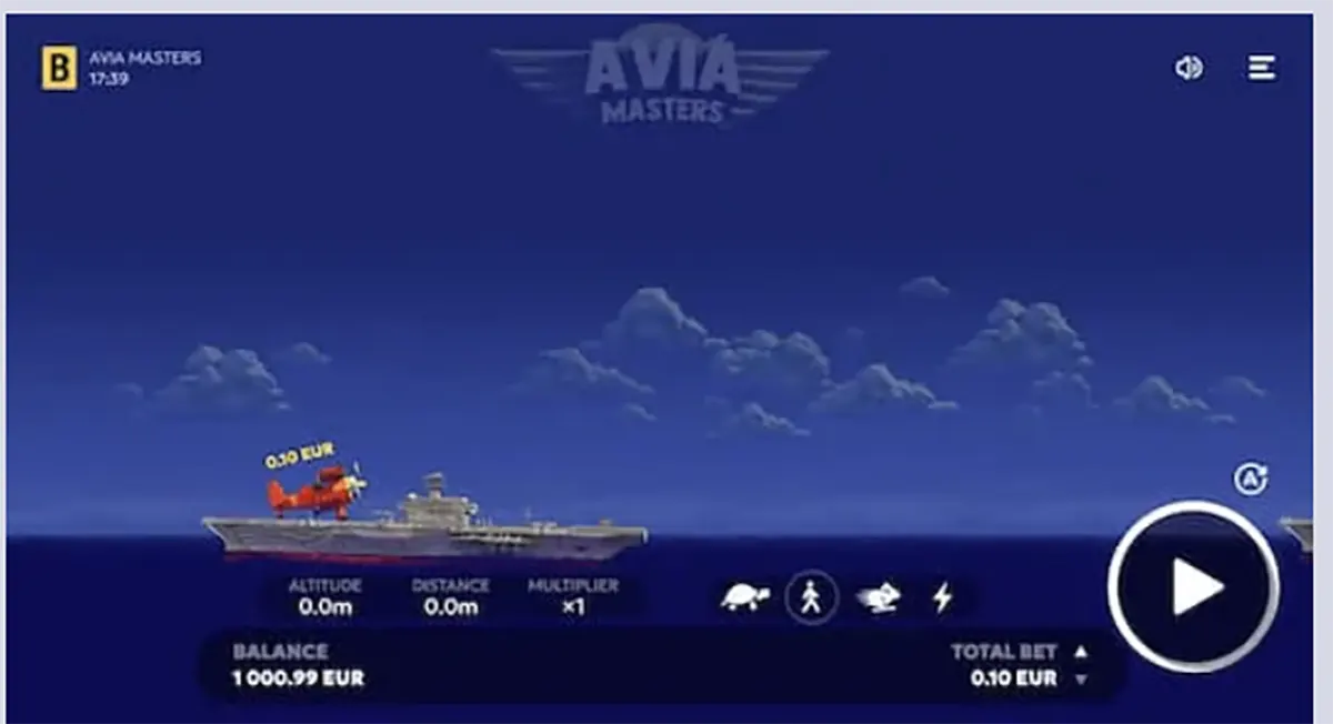 A screenshot of the game Avia Masters showing a red airplane flying above a naval ship, with a balance of €1000.99, total bet of €0.10, and various game features visible below the plane.